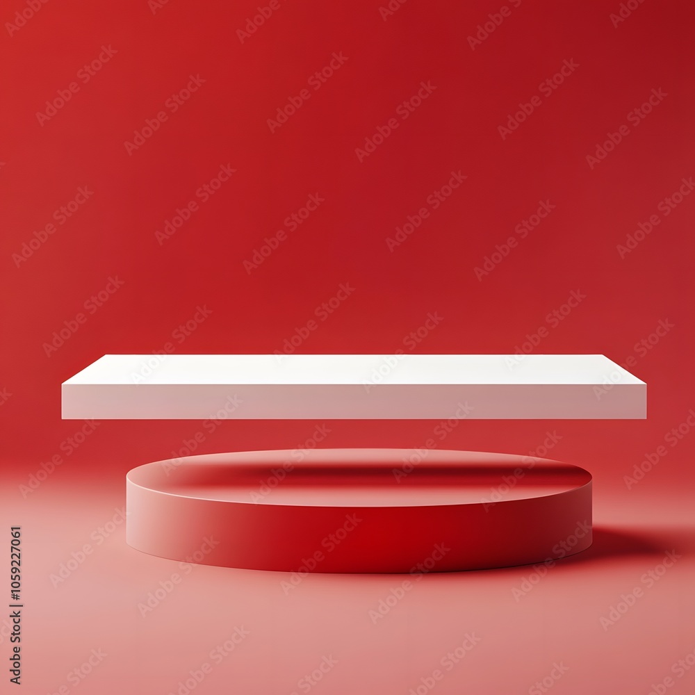 Poster a 3d podium white rectangular table is balanced on the edge of an angled red platform, in a minimali