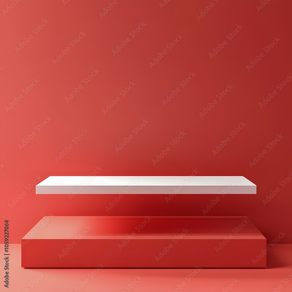 Aufkleber a 3d podium white rectangular table is balanced on the edge of an angled red platform, in a minimali