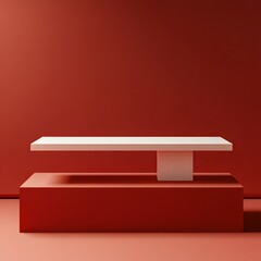 
A 3D podium white rectangular table is balanced on the edge of an angled red platform, in a minimalist style, with a solid color background, studio lighting, soft light, delicate texture, high satura