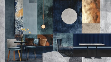 Contemporary cafe interior with abstract wall art in blue and gold tones, modern seating, and pendant lighting. The artistic decor and deep color palette create a stylish and cozy atmosphere.