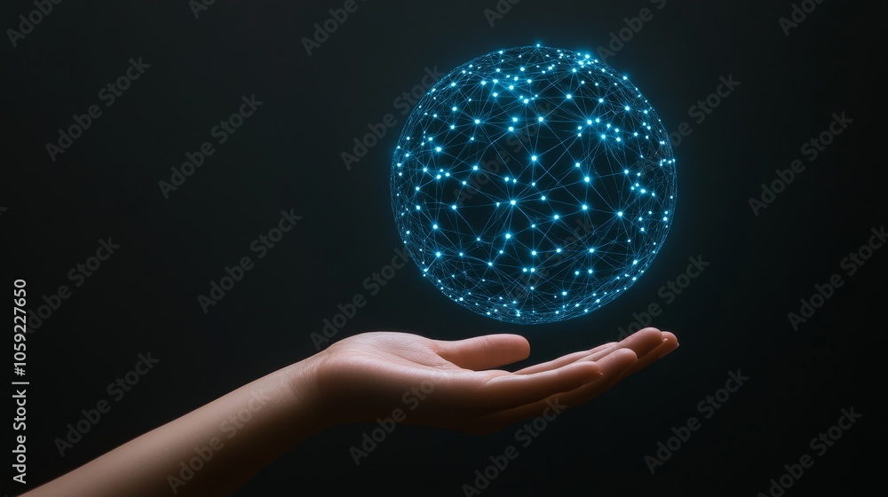 Poster a hand reaching out to touch a floating transparent globe of light and connection