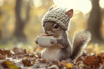 Obraz premium cute squirrel in a knitted hat holding cup of coffee over autumn forest background