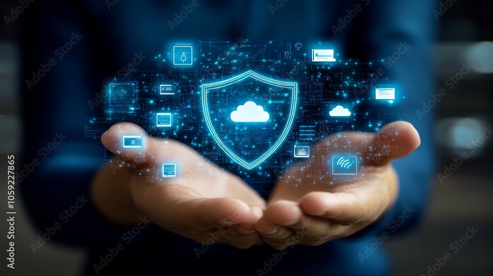 Poster innovative high-tech shield icon floating above a hand surrounded by digital elements for enhanced s