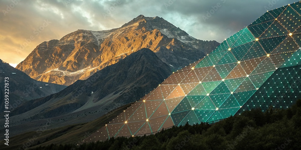 Aufkleber abstract geometric pattern with colorful dots and glowing mountains in gold and jade tones for moder