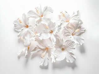 A collection of white hibiscus flowers arranged aesthetically on a light background.