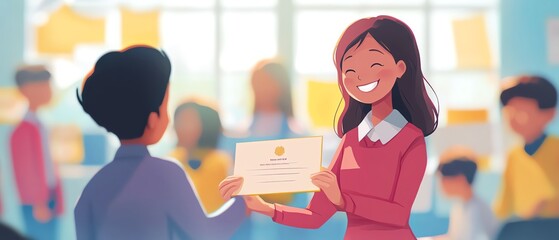 Student receives certificate in classroom.