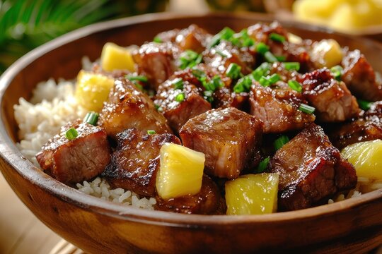 Close up of belly pork hamonado with pineapple and rice in a bowl on a table