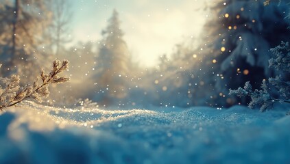 Abstract Winter Background with Snow and Copy Space, Featuring Falling Snowflakes and Blurred Forest for Christmas Decoration