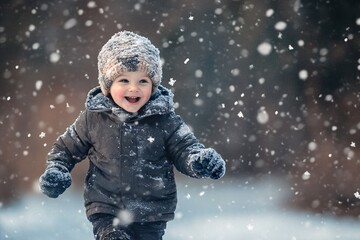 Child running in snow, joyful expression, winter clothes, snowflakes, forest background, mid-shot 3