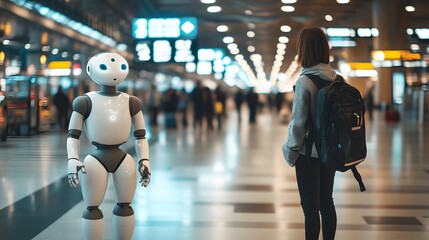 Solo traveler at an airport using an AI assistant to get travel safety tips, creating a secure and smooth journey