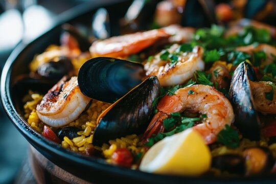 Close up of classical seafood paella from Alicante featuring rice shrimp mussels chicken and fish at a restaurant