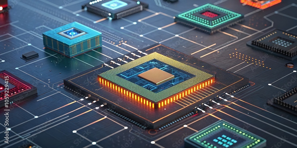 Poster abstract isometric high technology concept with dynamic geometric shapes and futuristic elements