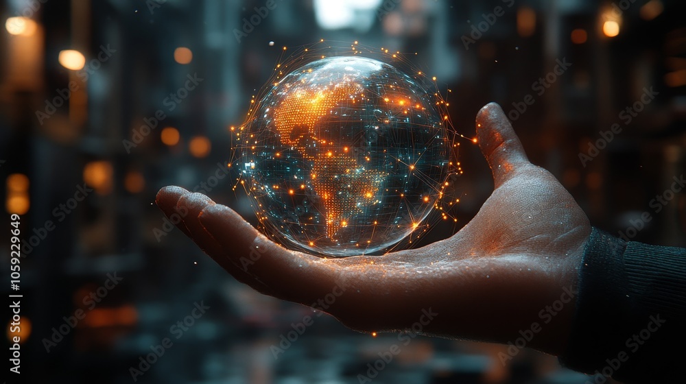 Poster embracing the future a holographic globe resting in an open hand symbolizing global connectivity and
