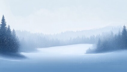 Fototapeta premium Winter Snowfall Background with Snowflakes and Blurred Snowy Landscape, Forest Horizon and Copy Space for Seasonal Designs