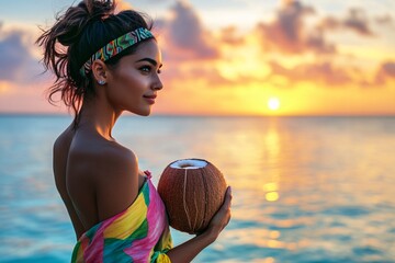 A young Mauritian woman in a colorful sarong, holding a coconut drink, standing near turquoise waters, sunset 2