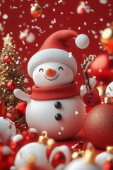 Charming snowman wearing a red scarf and hat, celebrating Christmas with musical notes