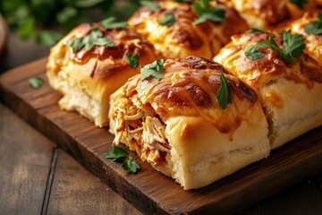 Close up of pulled chicken and cheese filled Hawaiian rolls on a wooden board Horizontal
