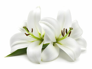 Fototapeta premium A pair of elegant white lilies with green accents, symbolizing purity and beauty.