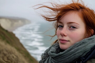Fototapeta premium A young English woman with red hair, wearing a scarf, standing on the cliffs of Dover, windy weather 2