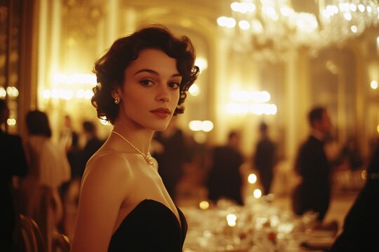 A young French woman in a cocktail dress, attending a soirée in a grand Parisian ballroom, elegant lighting 2