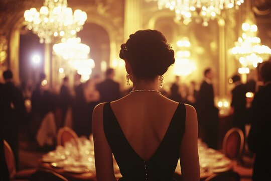 A young French woman in a cocktail dress, attending a soirée in a grand Parisian ballroom, elegant lighting 1