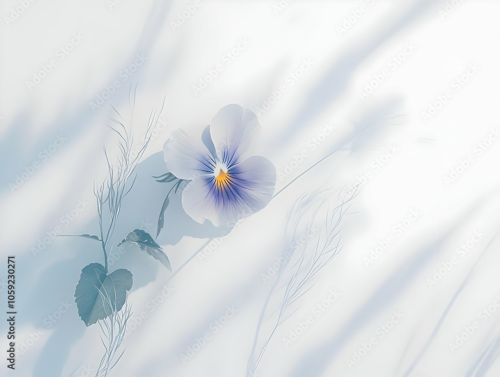 Poster a delicate flower with soft shadows on a light background, creating a serene atmosphere.