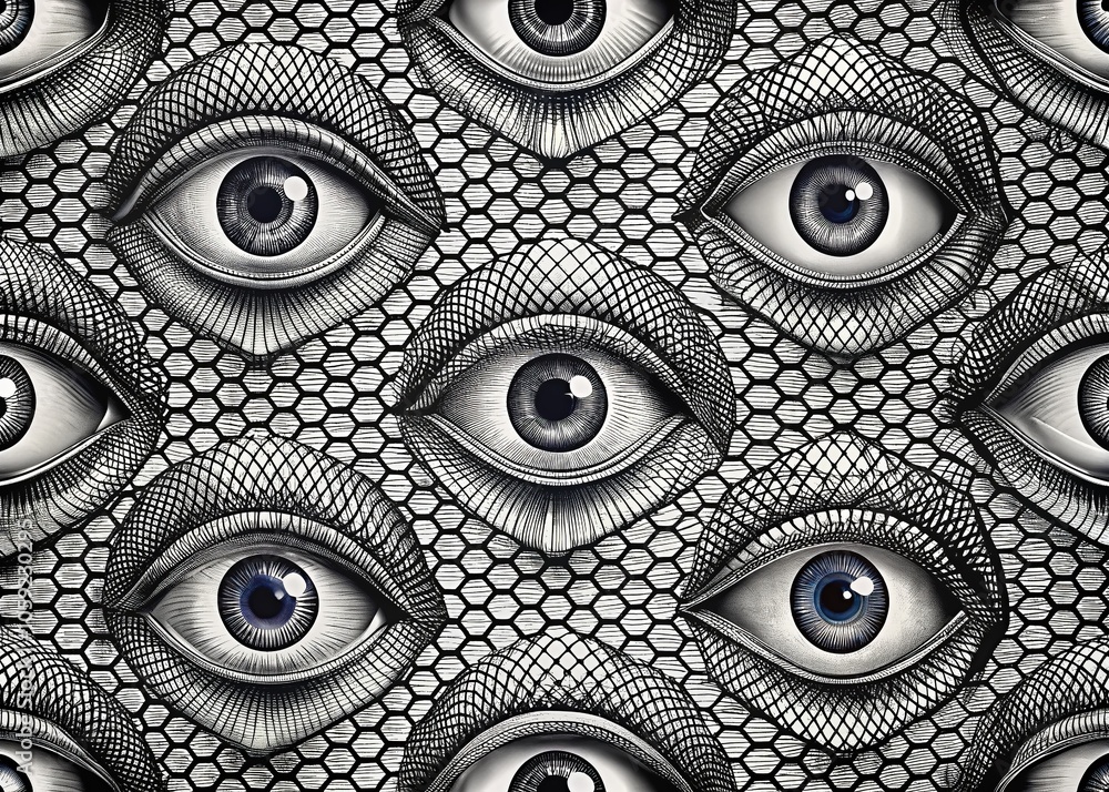 Poster abstract monochrome eye pattern with mesh texture - seamless design for backgrounds and textiles