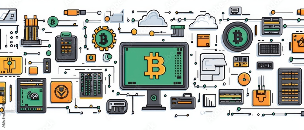 Poster flat design of cryptographic symbols surrounding a cloud in a digital landscape of technology and fi