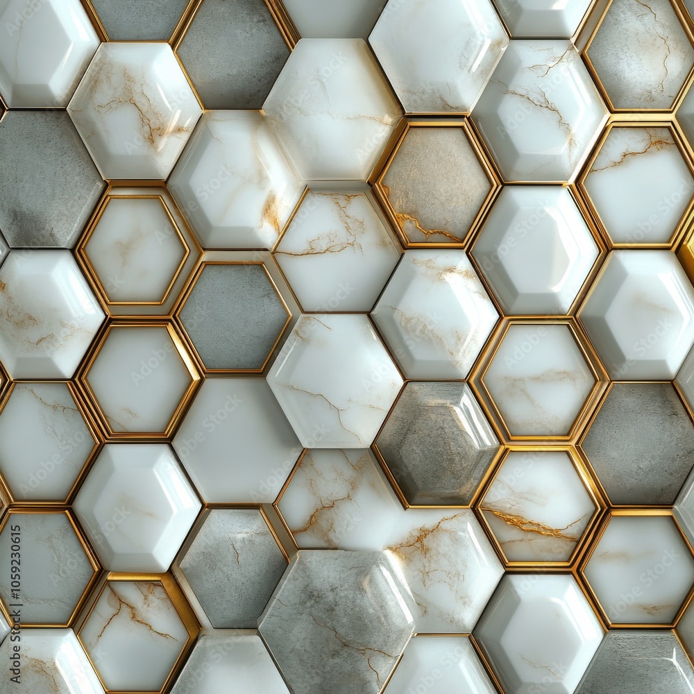 Poster modern geometric pattern of hexagonal tiles with metallic accents on a textured surface
