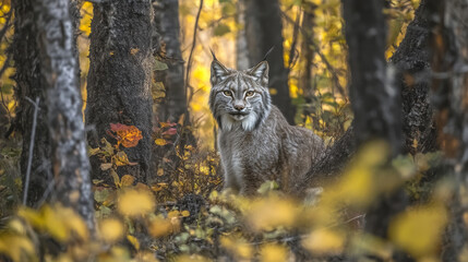 A Canadian lynx is hiding in the forest. It's sitting and looking right at the camera. The photo was taken in Whitehorse, Yukon, Canada.