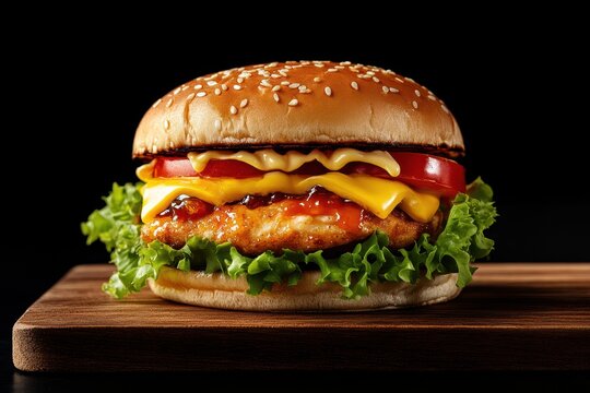 Close up side view of a Spicy Chicken Zinger Burger topped with lettuce tomato melted cheese and sauce on a wooden board against a dark backdrop