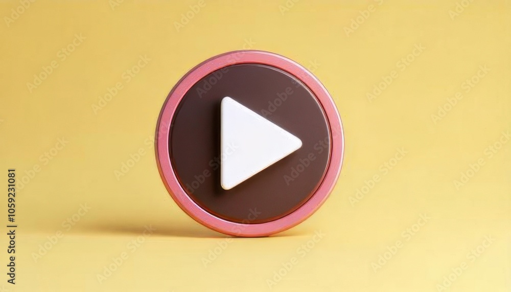 Poster a circular play button on a yellow background, featuring a pink border and a white triangular play i
