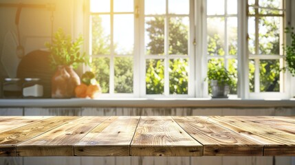 Light wooden table surface against blurry kitchen window in summer