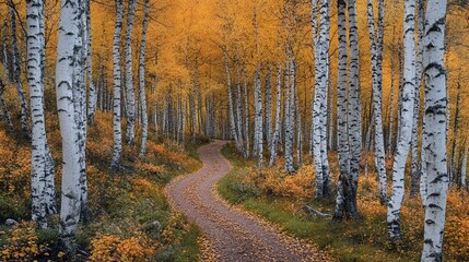 Obraz premium Autumn Birch Forest with Golden Leaves and Winding Dirt Path