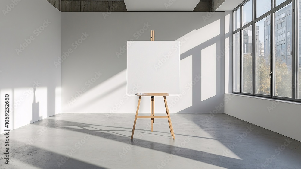 Poster a minimalist art studio with a blank canvas on an easel, bathed in natural light from large windows.