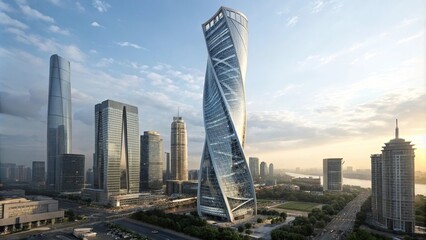 Innovative Twisting Skyscraper Among Cityscape