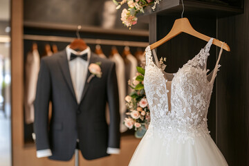 wedding dress and male suit on hangers in the store