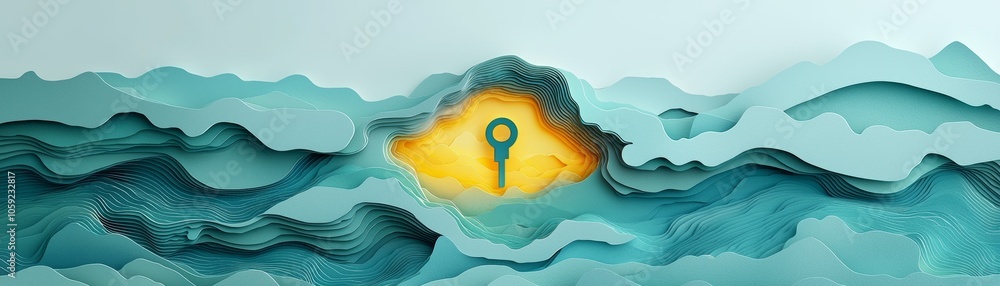 Aufkleber unlocking potential a papercut style image of a cryptographic key in a layered landscape