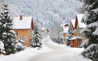 Fototapeta premium A snowy street lined with houses and trees in a winter landscape.