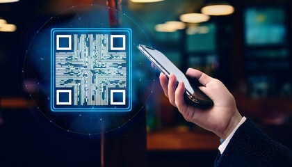 Scanning the Future: A hand holds a smartphone, poised to scan a futuristic, glowing blue QR code. The image embodies innovation, accessibility.