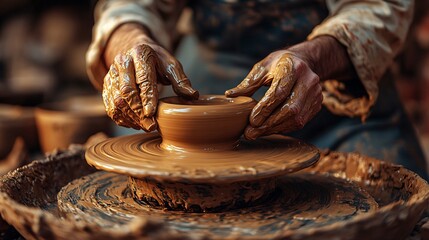 A potter shapes clay on a wheel, creating a bowl with skilled hands, showcasing the art of pottery and craftsmanship in an earthy setting.