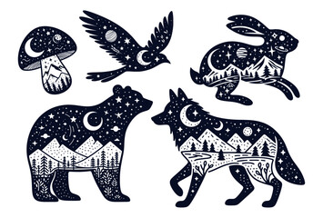 set of wild animals set, wolf, bear, bird, rabbit, mushroom, silhouettes with galaxy night nature landscape, wildlife collection