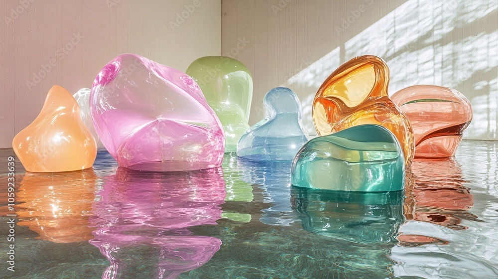 Poster colorful, translucent forms rest on a reflective surface, showcasing a blend of shapes and hues that