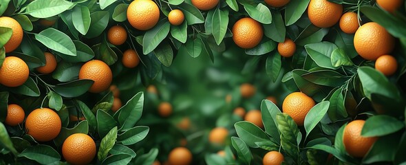 A lush orange grove with vibrant fruits and abundant green leaves, exhibiting a fresh and natural atmosphere.