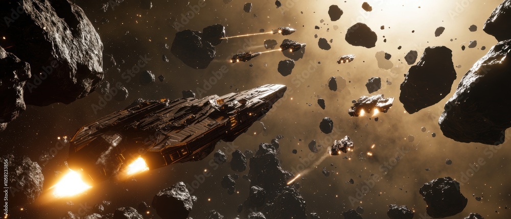 Poster futuristic spaceships navigating through asteroid field - sci-fi space exploration.