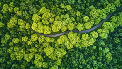 Aerial View of Winding Road Through Green Forest and Mountain Landscape in Summer, Scenic Nature Photography from Above