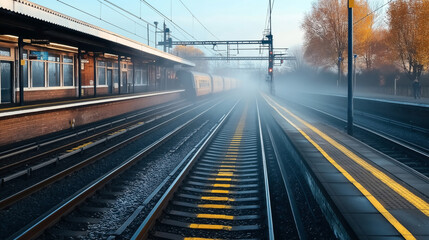 Foggy railway station platform with train tracks and departing train, autumn trees visible in background
