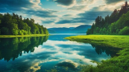 Obraz premium Breathtaking aerial view of a vibrant summer lake shore, embraced by lush green forests and grass, showcasing tranquil beauty and vibrant colors for ultimate relaxation.