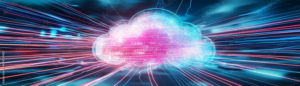 Poster synthwave-inspired neon cloud design featuring rsa encryption a fusion of technology and artistry in