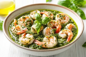 Grilled shrimp with pesto on a white wooden surface